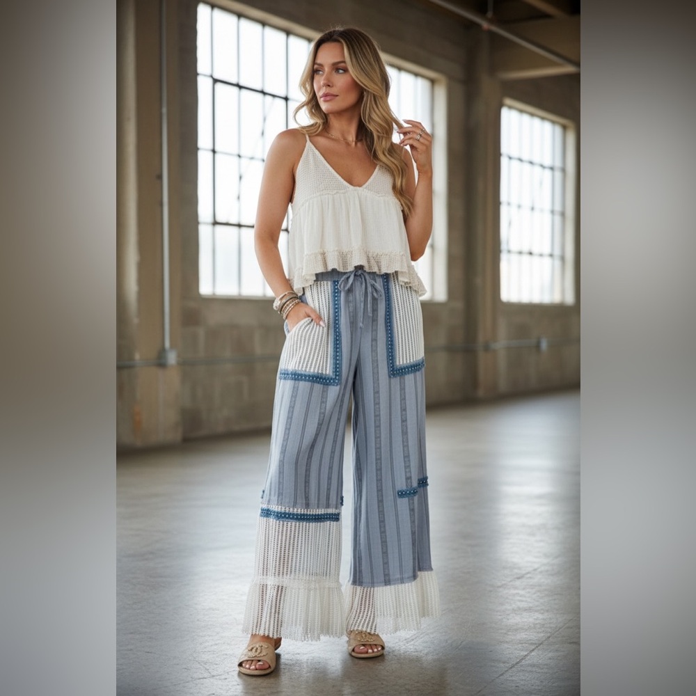 NWT POL Clothing Boho Bohemian Striped Crochet Mesh Patchwork Wide Leg Pants - Picture 6 of 11